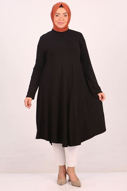 D-28016 Büyük Beden  Penye Mevlana Tunik - Siyah