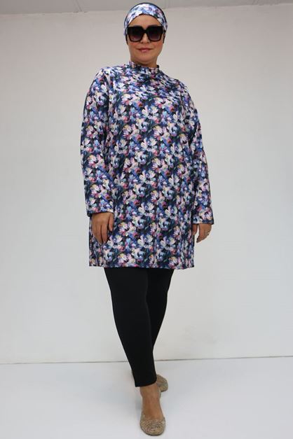 1727 Büyük Beden  Uzunkol Tesettür Mayo Takım - Gül Çiçekli
