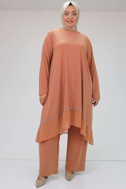 F-47046 Büyük Beden  Etek Ucu Şifon Taş Detaylı Sandy-Şifon Pantolonlu Takım - Somon