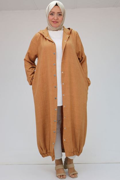 F-43051 Büyük Beden Arkası Pat Detaylı Keten Kap - Sütlü Kahve