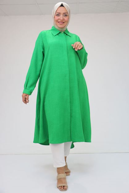 D-38038 Büyük Beden Mevlana Moskino Defolu Gömlek Tunik - Koyu Yeşil 