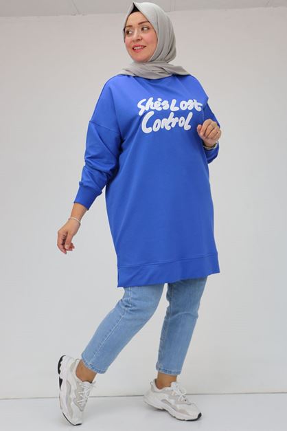 F-48080 Büyük Beden Kabartma Baskılı İki İplik Tunik - Saks