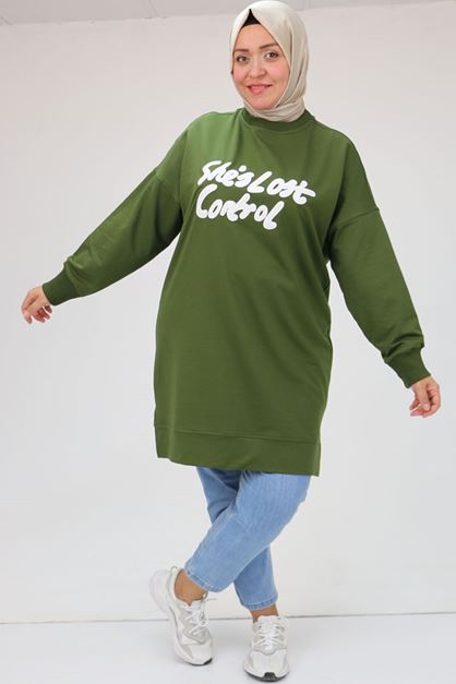 F-48080 Büyük Beden Kabartma Baskılı İki İplik Tunik - Haki