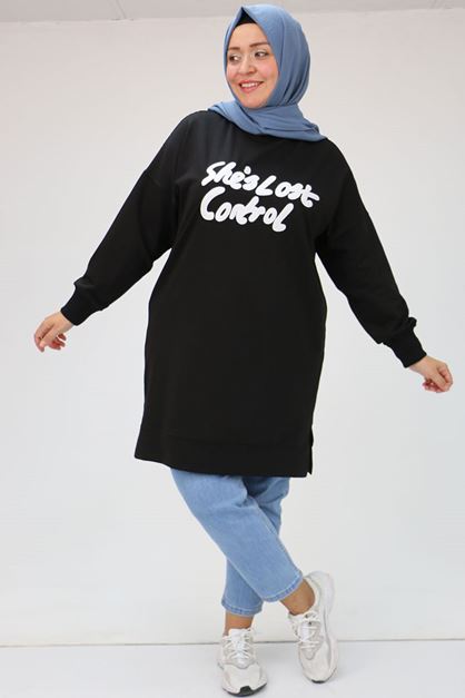 F-48080 Büyük Beden Kabartma Baskılı İki İplik Tunik - Siyah