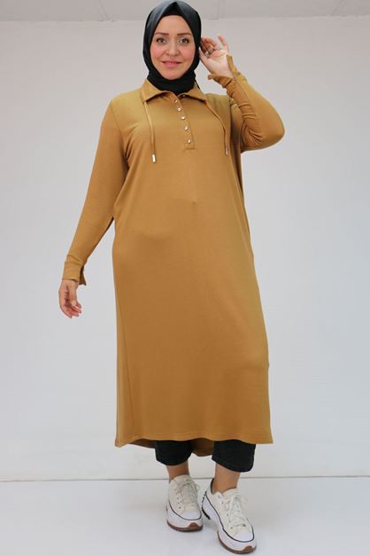 F-48027 Büyük Beden Yarım Patlı Fermuarlı Kristal Tunik - Hardal