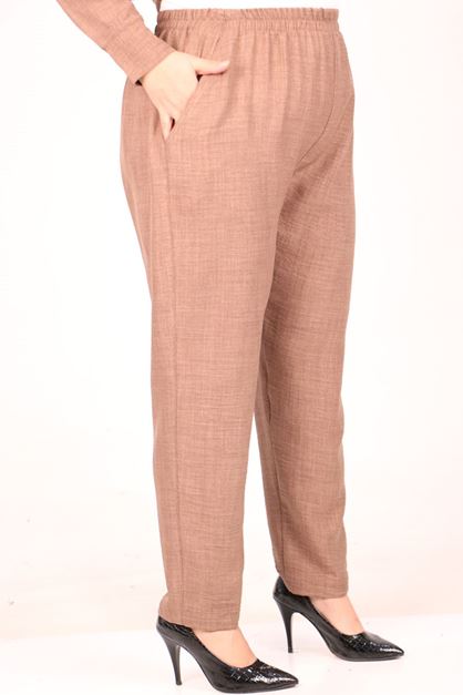 T-47001 Büyük Beden  Keten Airobin Pantolon -Vizon