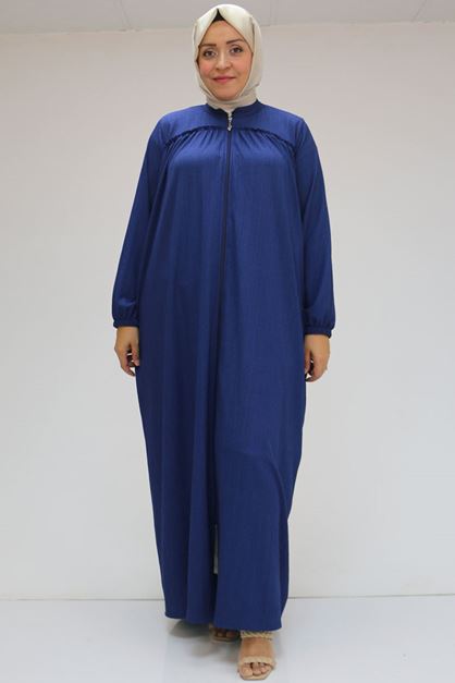 T-46011 Büyük Beden  Hakim Yaka Fırfır Detaylı Fermuarlı Ferace - indigo