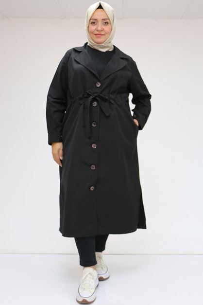 D-43012 Büyük Beden Kendinden Kuşaklı Dokuma Bondit - Siyah 