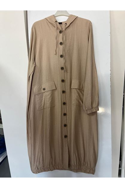 T-3125 Büyük Beden Düğmeli Cepli Keten Airobin Kap - Bej