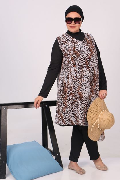 T-1723 Büyük Beden Şifon Pareo - Leopar  