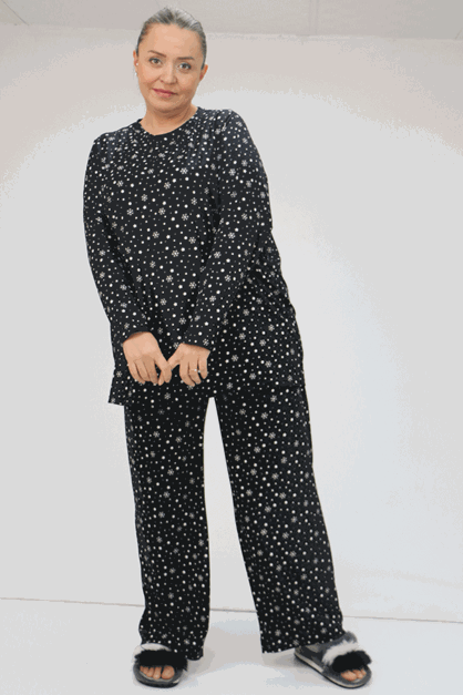 F-47813 Büyük Beden Düşük Kol Micro Süet Pijama Takımı - Siyah