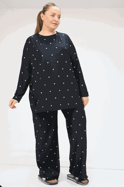 F-47813 Büyük Beden Düşük Kol Micro Süet Pijama Takımı - Yıldızlı Siyah