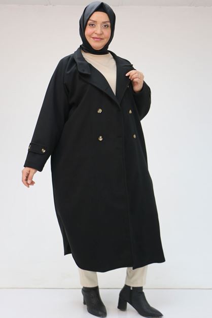 43073 Büyük Beden Balıkçı Yaka Kaşe Kaban - Siyah