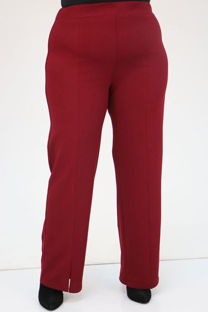 F-49032 Büyük Beden Pile Detaylı Scuba Pantolon - Bordo