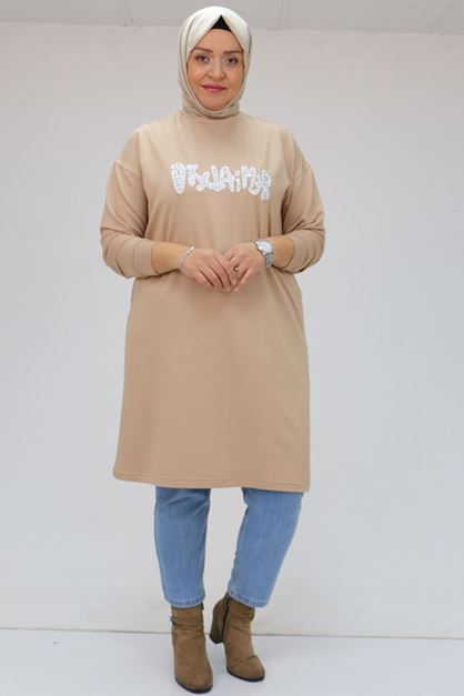 F-48116 Büyük Beden Baskılı Uzun Kristal Tunik - Bej