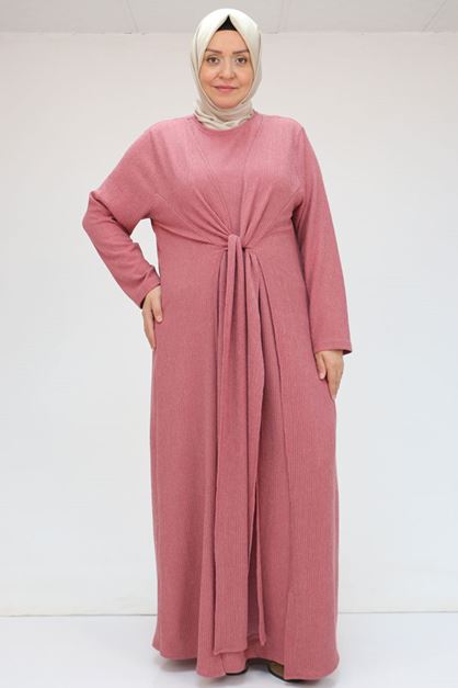 F-42034 Büyük Beden Önden Bağlamalı Panama Elbise - Gül Kurusu