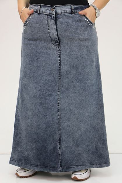 D-45015 Büyük Beden Cep Kenarı Taş Detaylı Kot Etek - Soğuk Mavi -