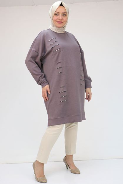 F-48089 Büyük Beden Önü Beyoğlu Taşlı Osyho Tunik - Gri