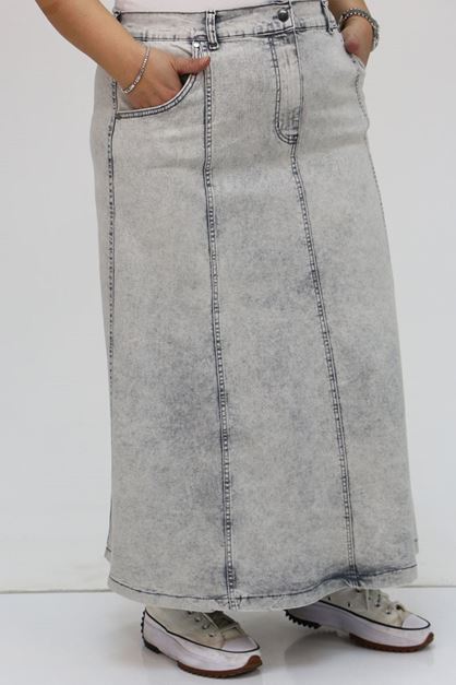 D-45007 Büyük Beden Parçalı Taş Detaylı Kot Etek - Gri 