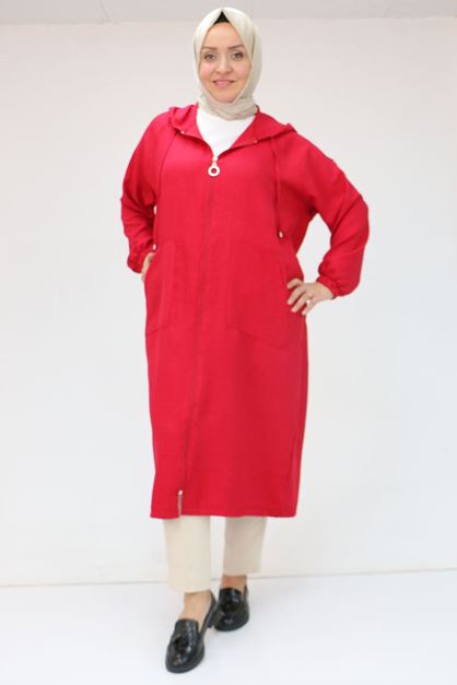F-53010 Büyük Beden Fermuarlı Reglan Kol Melanj Keten Kap - Bordo