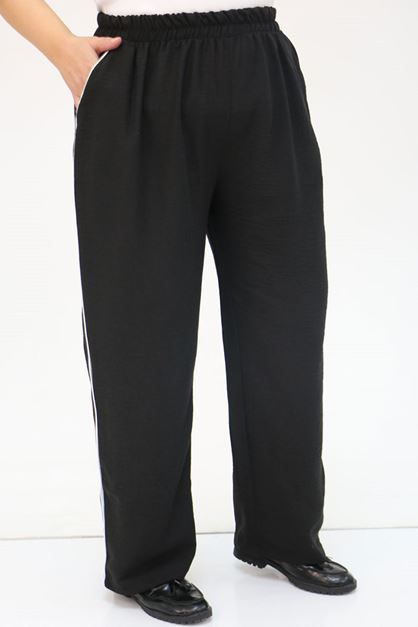 F-59001 Büyük Beden Kıstırma Biyeli Keten Pantolon - Siyah