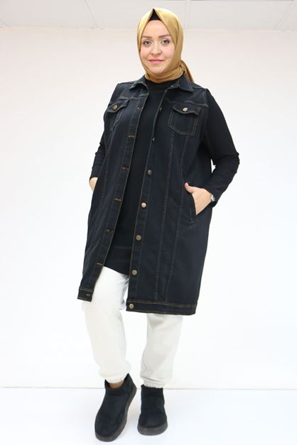 F-34003 Büyük Beden Düğmeli Kot Yelek - Siyah