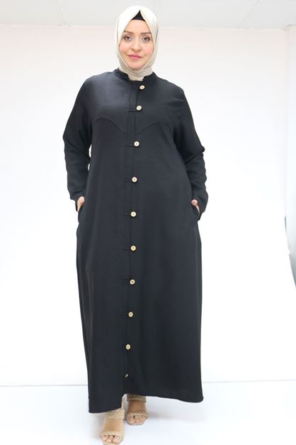 F-56001 Büyük Beden Boydan Düğmeli Melanj Ferace - Siyah