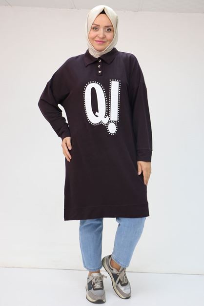 D-48071 Büyük Beden Erkek Yakalı Baskılı Kristal Tunik - Mürdüm 