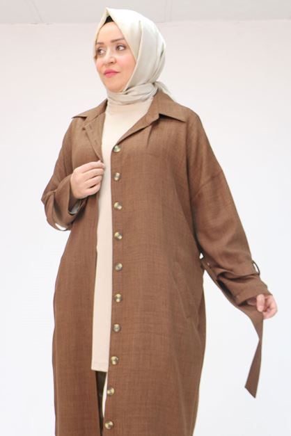 F-43091 Büyük Beden Düğmeli Bağlamalı Melanj Keten Trençkot kahve