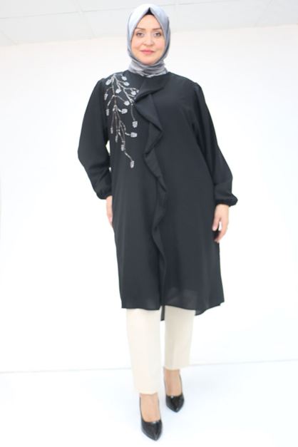 F-58016 Büyük Beden Önü Volanlı Şifon Tunik - Siyah