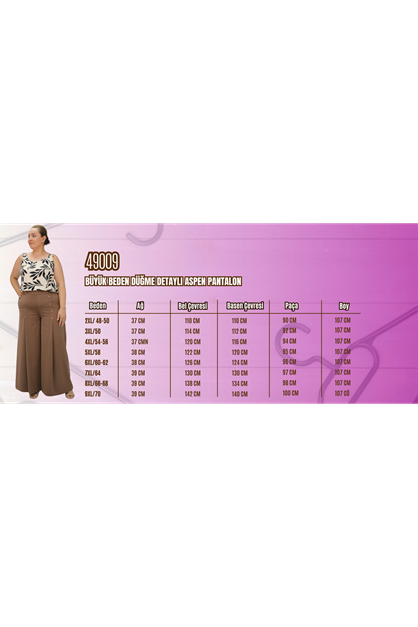 49009  Büyük Beden Düğme Detaylı Aspen Pantalon -Saks