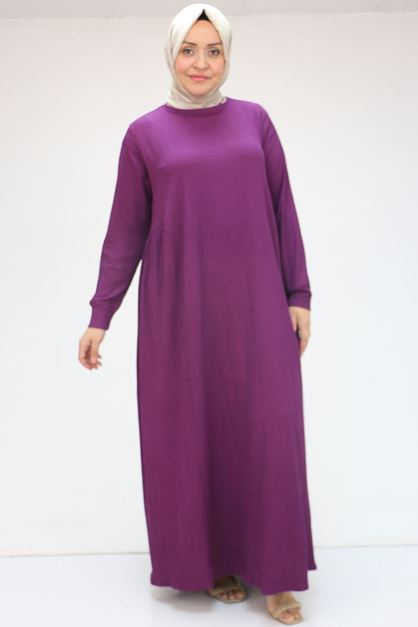 F-52006 Büyük Beden Kendinden Ribanalı Bürümcük Elbise - Mürdüm