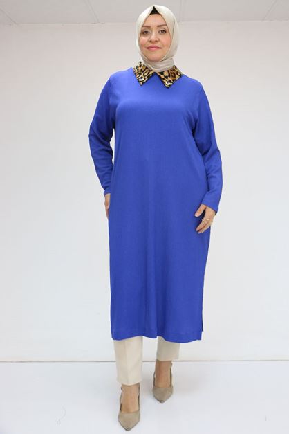 58012 Büyük Beden Kombin Erkek Yakalı Bürümcük Tunik - Saks