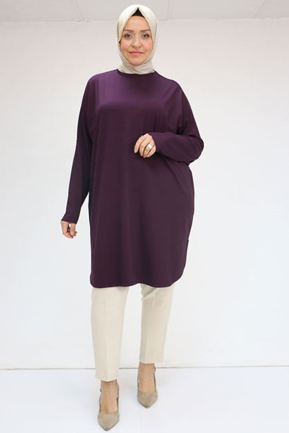 38011 Plus Size Basic Combed Cotton Tunic - Plum