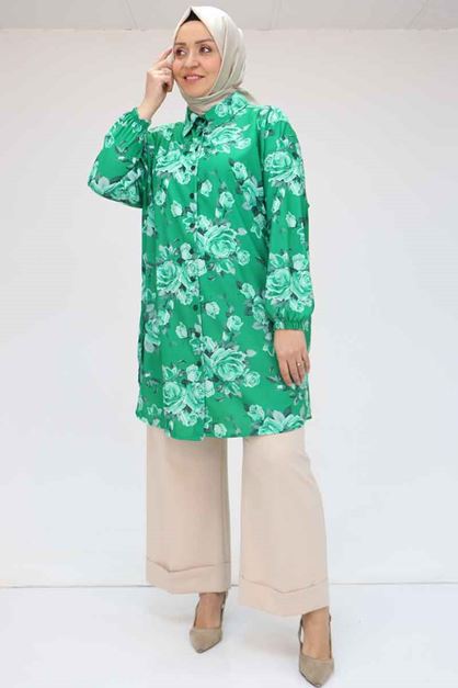 58052 Büyük Beden Erkek Yakalı Jesica Gömlek Tunik - Gül Desen Beneton