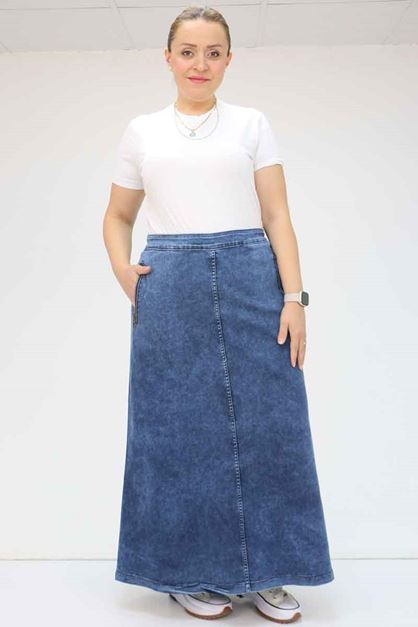 F-45011-1  Büyük Beden Fermuarlı Kot Etek - Mavi