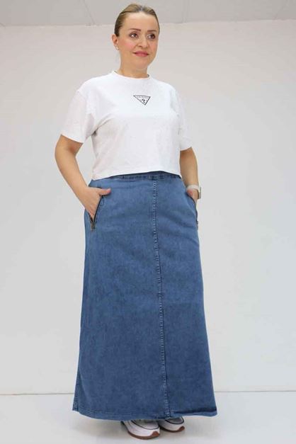 D-45011 Büyük Beden Fermuarlı Kot Etek - Mavi 