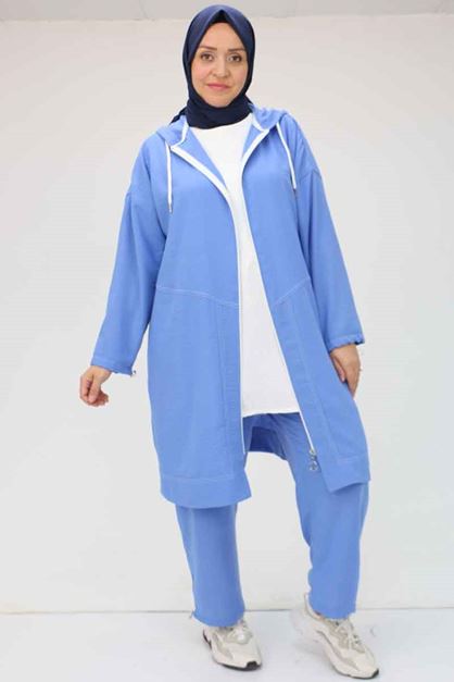 F-57004 Büyük Beden Ön Parçalı Kapşonlu Pantolonlu Takım - İndigo