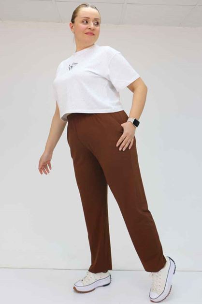 39001 Büyük Beden Yüksek Beli Lastikli Penye Pantolon - Kahverengi