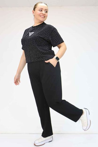 39001 Büyük Beden Yüksek Beli Lastikli Penye Pantolon - Siyah