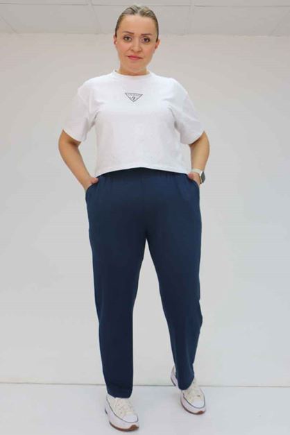 39001 Büyük Beden Yüksek Beli Lastikli Penye Pantolon - Lacivert