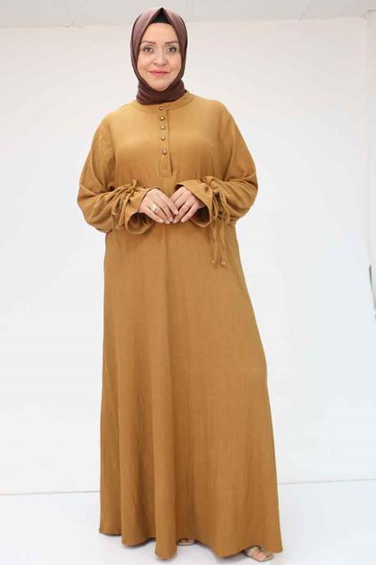 F-52005 Büyük Beden Kolu Bağlamalı Bürümcük Elbise - Taba