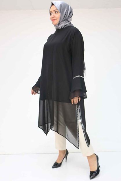 58018 Büyük Beden Kolu Volanlı Taş Baskılı Şifon Tunik - Siyah
