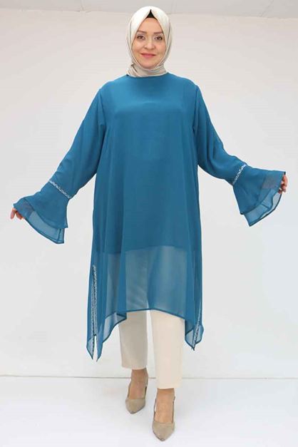 58018 Büyük Beden Kolu Volanlı Taş Baskılı Şifon Tunik - Petrol