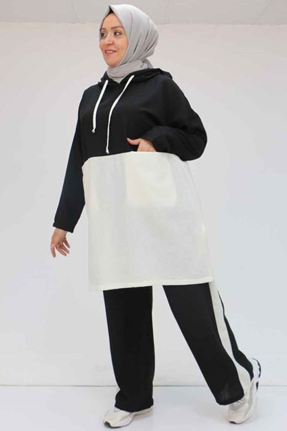 57008 Büyük Beden Kapşonlu Düşükkol Pantolonlu Takım - Siyah