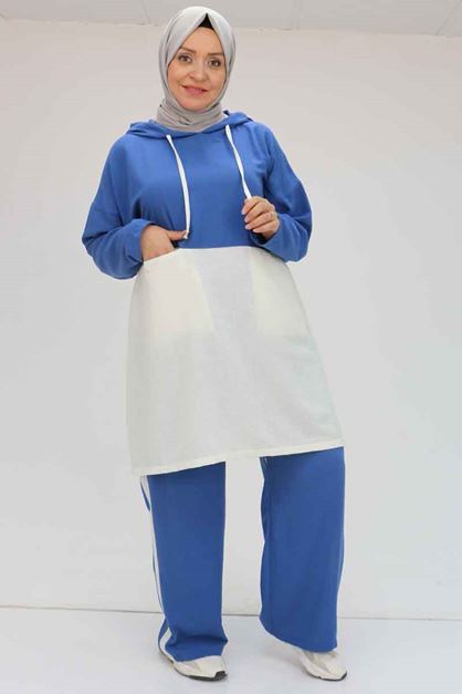 57008 Büyük Beden Kapşonlu Düşükkol Pantolonlu Takım - İndigo