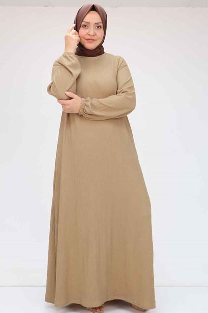 32025 Büyük Beden Bürümcük  Kolu Lastikli Elbise - Vizon