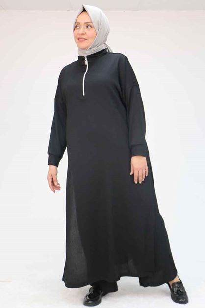 F-57007 Büyük Beden Yanı Yırtmaçlı Pantolonlu Takım - Siyah