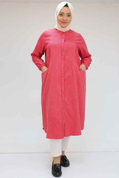 48072 Büyük Beden Kolları Lastikli Tunik - Kırmızı