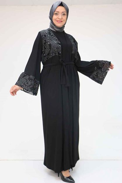 57203 Büyük Beden Sandy-Pul Payet Yelek-Elbise - Siyah